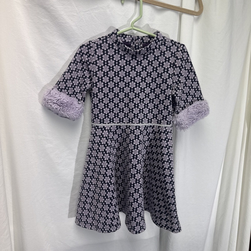 Janie And Jack Girls Size 4 Tapestry Style‎ Dress Fur Cuffs Classy Purple/Navy